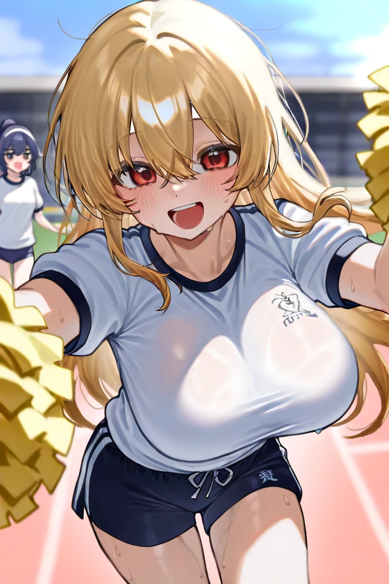 (( close、16K、Highest quality、Attention to detail、Rich skin detail, Browsing Caution、Chubby))、 (Beautiful Eyes), ((Huge breasts、Armpits、Hands behind head、Spreading her legs、Sitting、Sweat、vapor))、 ((Shirt lift、Huge nipples))、((Blonde、white high leg panties、Red ribbon))、(Cheerleader、Red short dress、Red mini skirt)、(blue eyes、Three white eyes)、((Twin tails、Long Hair、Straight hair)),  ((blush))、(Wide Hips、Thick thighs)、((((surprised、Embarrassing))))、((On stage))