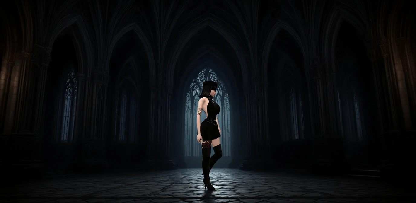 il y a une femme en body noir debout dans une grotte, succube en robe courte moulante, morts ou vivants 6, A sexy maid in a magical forest, jeu de style square enix, pose de lancement de sorts, capture d&#39;video game screen>, 2b, 2 b, debout dans une grotte, dans un donjon, dans le jeu capture le rendu 3D, style final fantasy 14