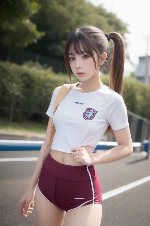 Very attractive with a backpack, I rode a bicycle. Elementary school girl.barefoot.leotard.ponytail.The illustrations are in high resolution with 4K resolution., Highly detailed facial features and cartoon-style visuals.