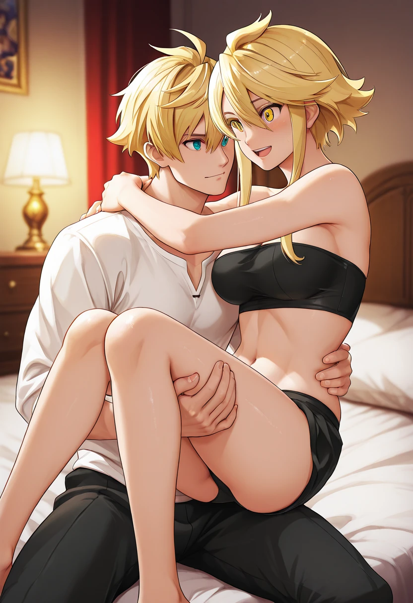 Kingdom hearts、Two Boys、Roxas and Sora、Spiky yellow hair、Spiky brown hair、black hooded coat、Hotel room、On the bed、erection、Erect peniasturbation behavior、((Intense 、Large amount of semen、White puddle))