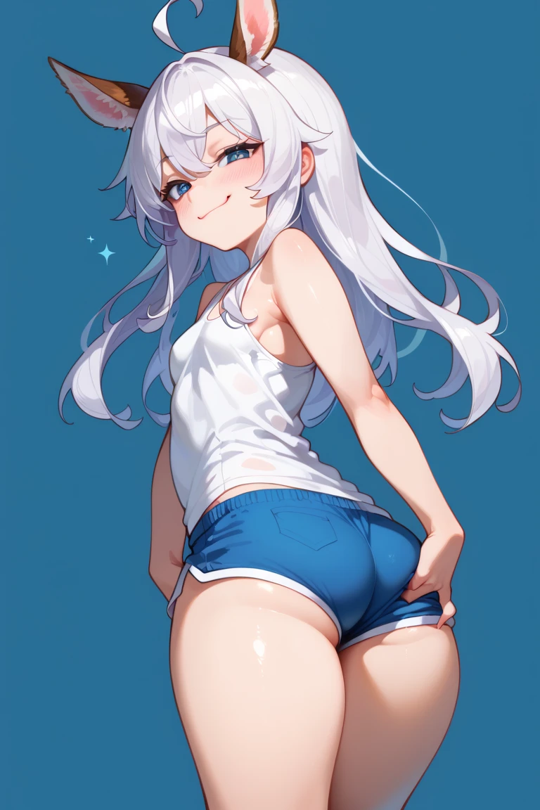 (Best Quality), (masutepiece), (super detailed), 1girl, MESUGAKI, Sharp Focus, eyesgod, up looking_viewer, Solo, Furry, animal ears, animal white tail, Naked stomach, From below, Navy blue hair, Purplish red eyes, Thick eyebrows, Baby face, open mouth, double teeth, short cut hair, white and wet T-shirt, hot pants, pool side, water splash, wet skin, thighs, dark brown skin, suntan lines