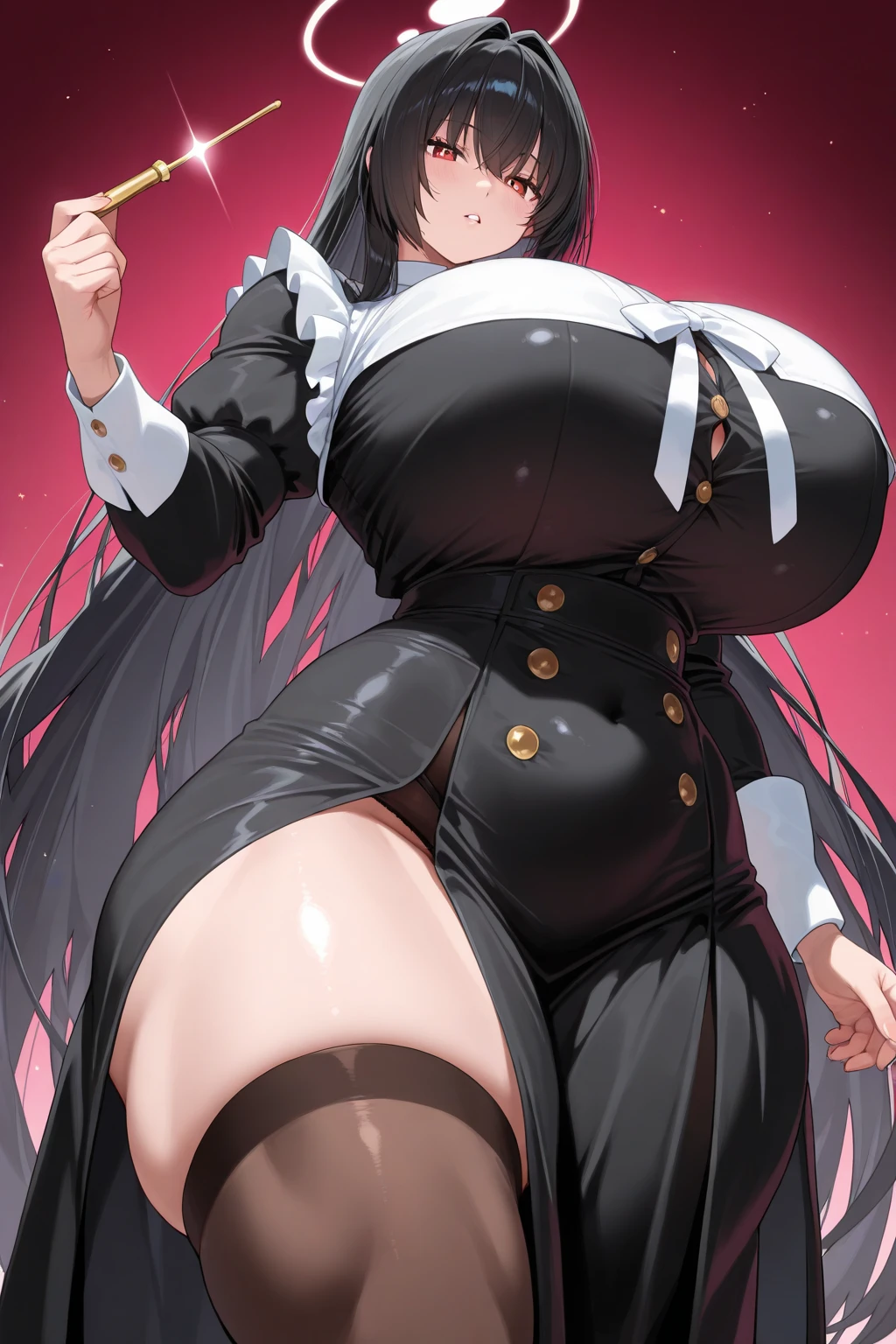 1 girls, (((bimbo))), ((massive breasts)), huge belly, round belly, huge butt, huge nipples, puffy lips, (plump lips), big lips, surprised, embarrassed, blushing, nsfw, thick thighs, wide hips, ((black maid dress)), tight clothes, skimpy maid dress, inflation, (belly inflation), (breasts expansion), (butt expansion)