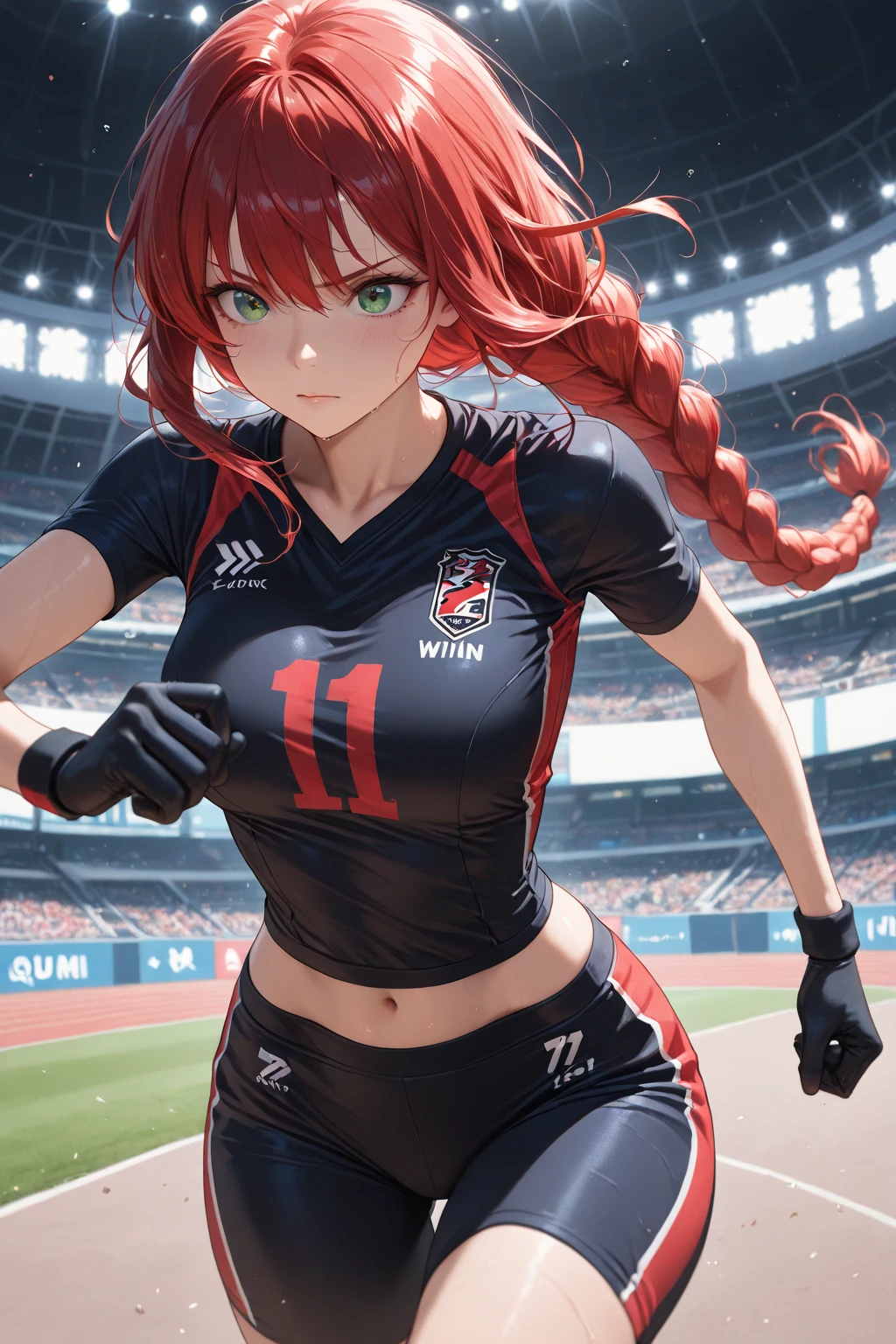 masterpiece:1.2, best quality), realistic, (real picture, intricate details, depth of field), (1girl, solo), make up, parted lips, highly-detailed, perfect face, (huge breasts:1.4), (skindentation), thick thighs, wide hips, small waist, tall, glossy coral lips, red hairs, red eyes, ponytail, (A girl playing volleyball, white volleyball uniform), (sweating:1.2), (wet), sexy, blushing,