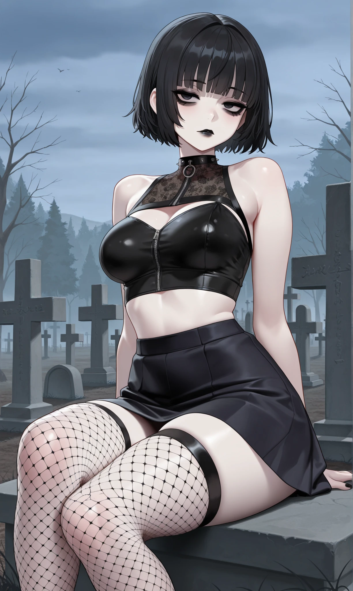 Anime art style, goth girl, white hair tied back with braids, black eyes, gothic clothing style, erotic clothing, medium breasts, exposed body, exposed breasts, detailed nipples, ecchi, nsfw, hentai, black lips, gothic makeup, charming smile, She is sitting on the grass, scene of a cemetery at night, tombs on the ground, strong fog, terror, highres, ultra-detailed, (best quality,4k,highres,masterpiece),detailed lips, detailed eyes.