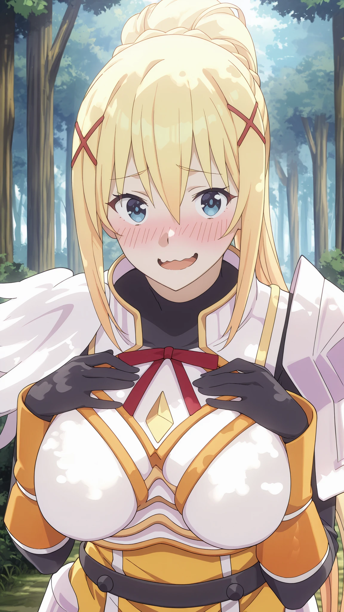 darkness, konosuba
High quality , best quality , masterpiece, High Resolution , detailed face( LoRA: darkness),anatomically correct, detailed hair Style( LoRA: darkness),anime Coloring
long hair, blonde hair, braid, ponytail, x hair ornament, blue eyes, large breasts, red ribbon, shoulder armor, breastplate, armored dress, yellow dress, wrist guards, black gloves,breast,
looking at viewer , close-up,
forest,,
open mouth, smile,blush, aroused,wavy mouth,