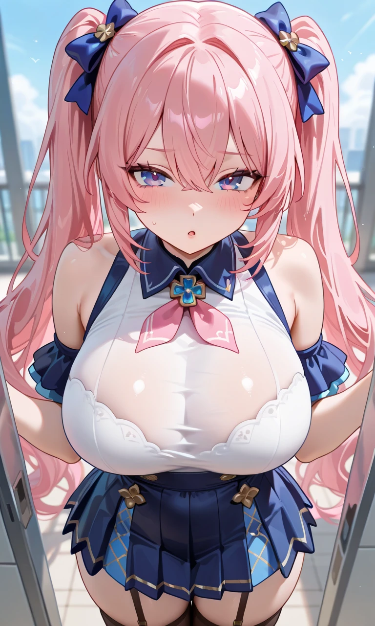 pink hair, long hair, hairpin, Blue eyes,, large breasts, live stage, , solo nipple