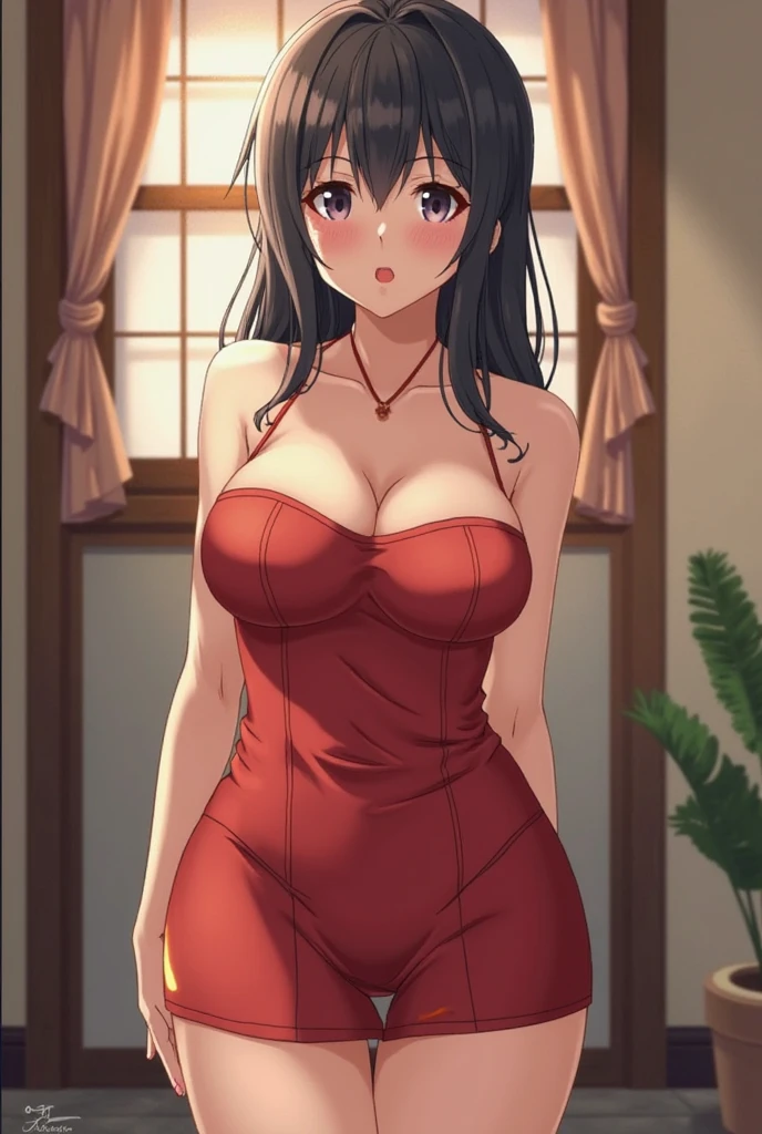Brown hair, happy, (blush: 1.2), underwear, cleavage, café background ((sweat)))) ((big breasts)))) (((buttocks))) Men and women