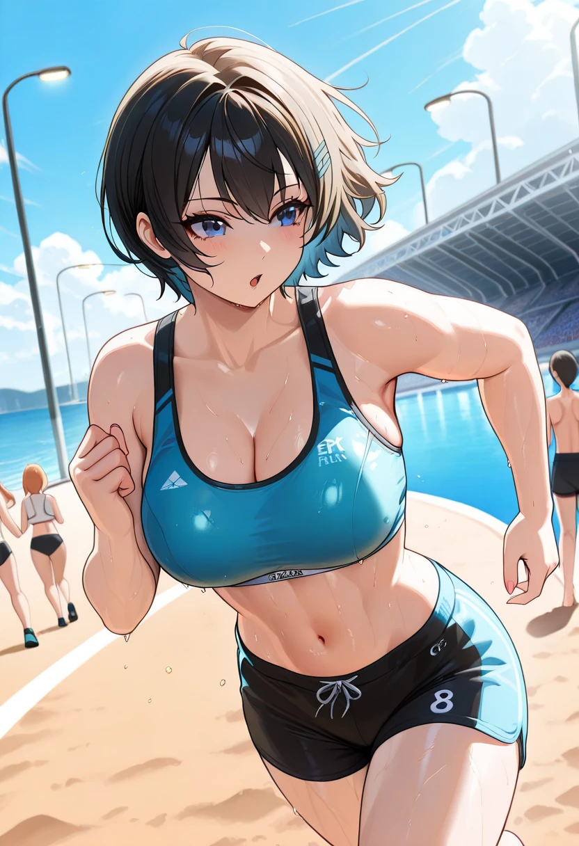 NSFW, (4+girls:1.5), (alternate athlete swimsuit pool), tanned skin, dark tanned skin, oil, abs:1.4, line up, girls playing beach volley, beach volley ball, net, masterpiece, top quality, ultra high definition, highest resolution, very detailed, professional lighting, clean skin, CG illustration, slender, very cute, young face, cleavage, lower breast, wet body, (breasts out:1.4), different hair colors, short hair, pixie haircut, semi-long hair, hair ribbon, blush, navel, from below, wet body, (breasts out: 1.4), (plastic bag 1.2), transparent swimsuit, beach, (wind: 1.3), girls playing behind, showing ass