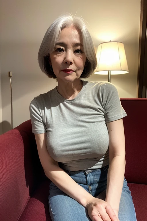   75 years old　mom　milf　Korean, Lady　large earring　Big choker　navel piercing decoration　A bracelet　Silver Hair　realisitic　Gorgeous Madame Beautiful Mature Woman　sexly　Smile　Gentle woman navel piercing　４K　High quality hospital room　Inpatients　Infusion　stockings