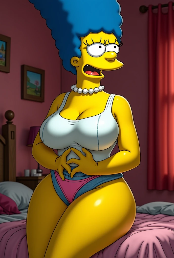 high resolution, Marge Simpson, obra de arte, 1 garota, ((booba)), Rosto sorridente, cabelo azul, cabelo longo,quadris largos, coxa grossa, seios medio, enorme bunda redonda, pele brilhante, pele amarela, Mamilos, fechar-se, curvando-se, futa cock, super cumshot, raiva