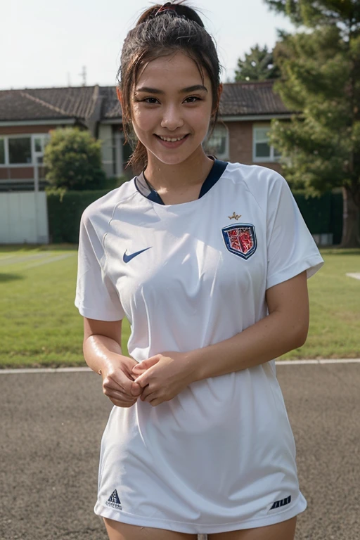 （8k、Raw photography、highest quality、masterpiece：1.2),(black haired、twin tails:1.7),view viewer,Looking at the front,erotic,white skin,(wearing a pink and white soccer uniform:1.6)、(Clothing that emphasizes the shape of your chest、Exposing the skin:1.4)、(big boobs:1.3)、slim body shape、ultra high resolution,beautiful,beautiful fece,(alone, solo、no background:1.9),whole bodyボディー,japanese woman,（Photoreal：1.37）、photon mapping,reality、(Cute with a baby face: 1.3)、(cute smile: 1.7)、(With a round face: 1.8)、radio city、Physically based rendering、depth of field rally background、photograph, (I can see your knees,close up of thighs:1.5),whole body、super fine