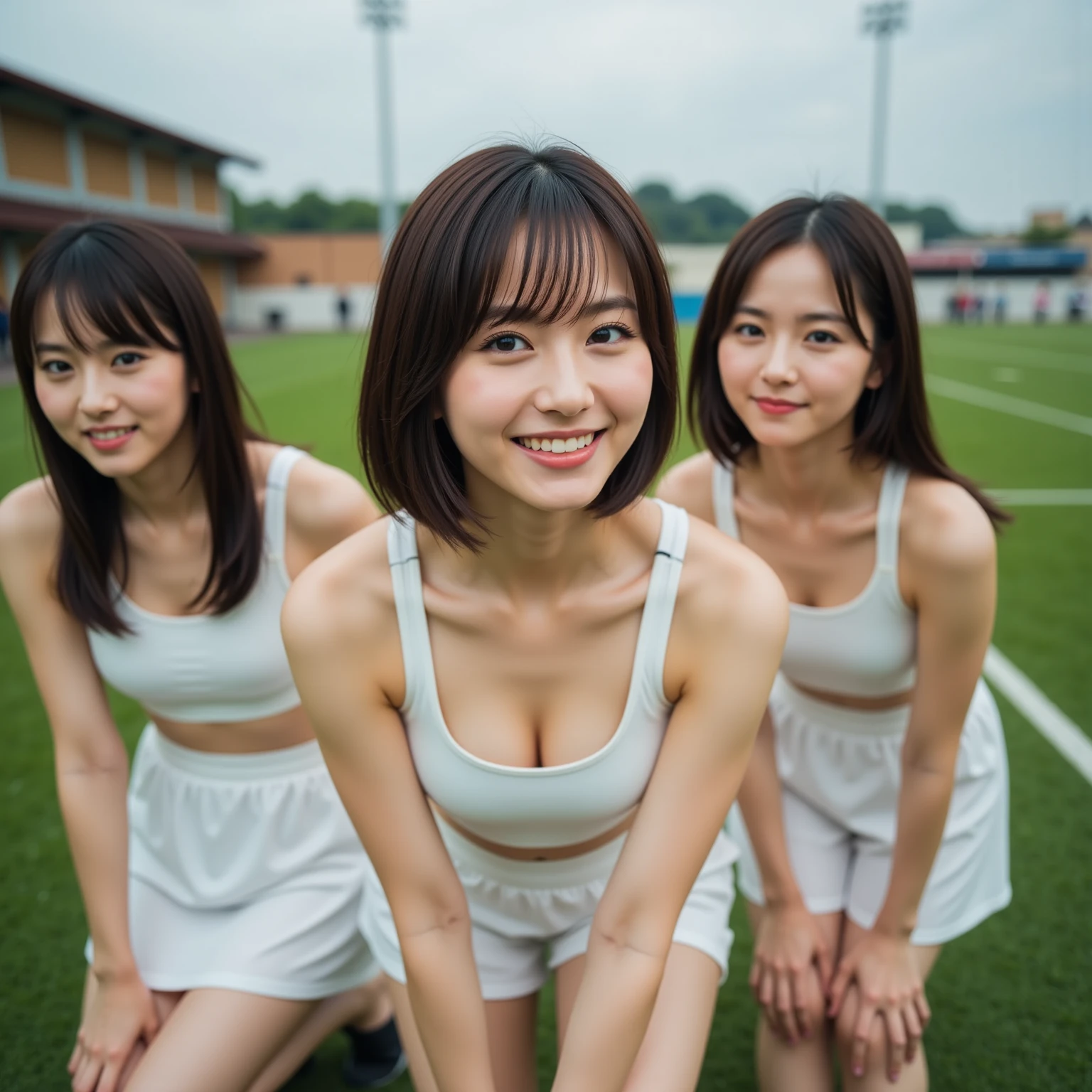 masuter piece、Ultra-high-definition image quality、Summer sky、very hot、Full body like、Three very beautiful college girl athletes、Very tall、healthful、No makeup、a pixie cut、poneyTail、a short bob、broad shoulders、Very strong muscles、sun burn、Sunburn scars、Very sweaty、aggressive、greed、Smile at you、Staring at you、Condescending on you、Teasing the、seductiv、Pranks、laughing loud、shout out、Looks like a lot of fun、body odor、armpits hair、large udder、Drenched in sweat、