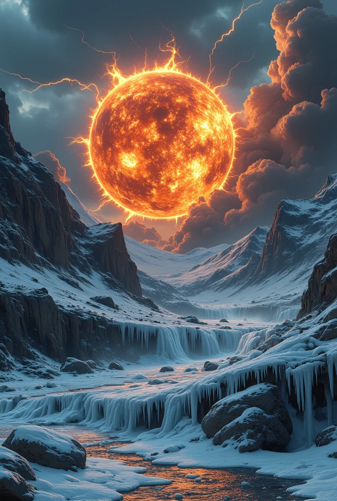 sun, covered in ice and icicles, solar flares are shown as ice jets or lightning. The Earth freezes