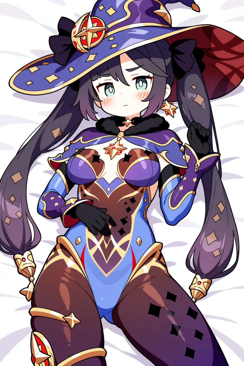 1 girl, mona, genshin impact, witch hat, ((sharp muscles)), ((giant muscles)), ((bodybuilder)), ((((little breasts)))), ((big arms)), (pulled up arms), (((very pale skin)))