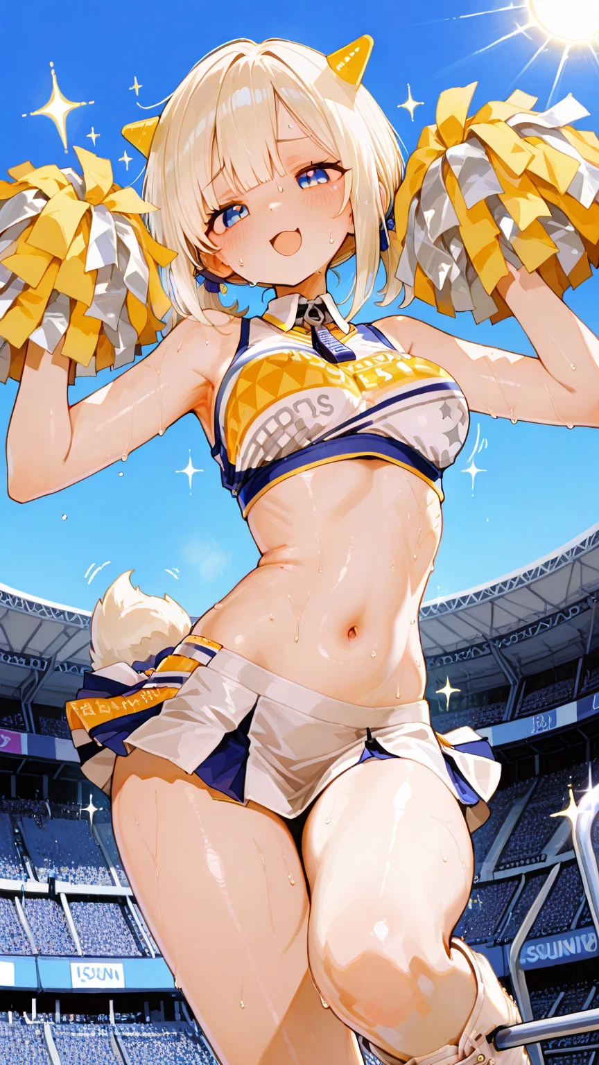 highest quality、High resolution、Detailed Background、(Beautiful face in every detail:1.4)、Anatomically correct、cute teenage girl、Twin tails、Bobcut、ponytail、(Huge breasts:1.2)、Perfect body line、Big Ass、Vast Sky、
(A Cheerleader jumping into the sky with a smile:1.5)、
Jumping and flying in the sky、Cheerleader、I support you、(Pom-pom:1.2)、
The sailor collar, a distinctive feature of the sailor uniform, is also used in cheerleader uniforms.、Cheerleaders' sailor uniform skirts are generally short, like .、Sailor suit tops often have ribbons attached、
White floral embroidered panties、White floral embroidered bra、Emphasize underboob、Underboob is visible、Angle from below、 smile、Healthful、Healthy thighs、Healthy Beauty、With legs apart、Panty Shot、cute