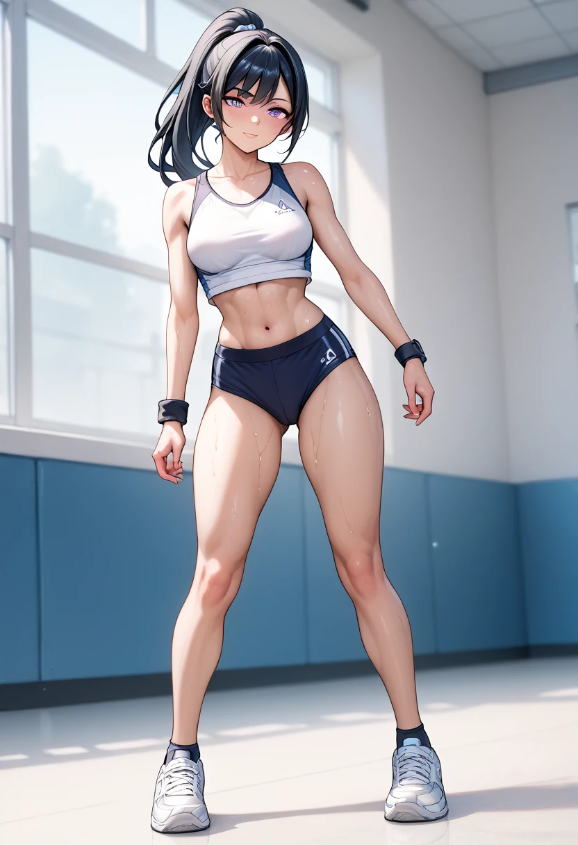 ((masterpiece)), (bestquality), ((ultra-detailed)), depth of field, (dynamic angle), (beautiful detailed blue eyes), 1woman, ((full body portrait)),((voluminous long black hair styled into one single long braid down to her waist)), perfect Body, ((medium bust, cleavage)), smiling, (Beautiful woman wearing a gym outfit, inside a gym), (toned and slender body), black hair, (sexy abs, cleavage), gym_outfit, bracelet, necklace, bulge, taking a Selfie,