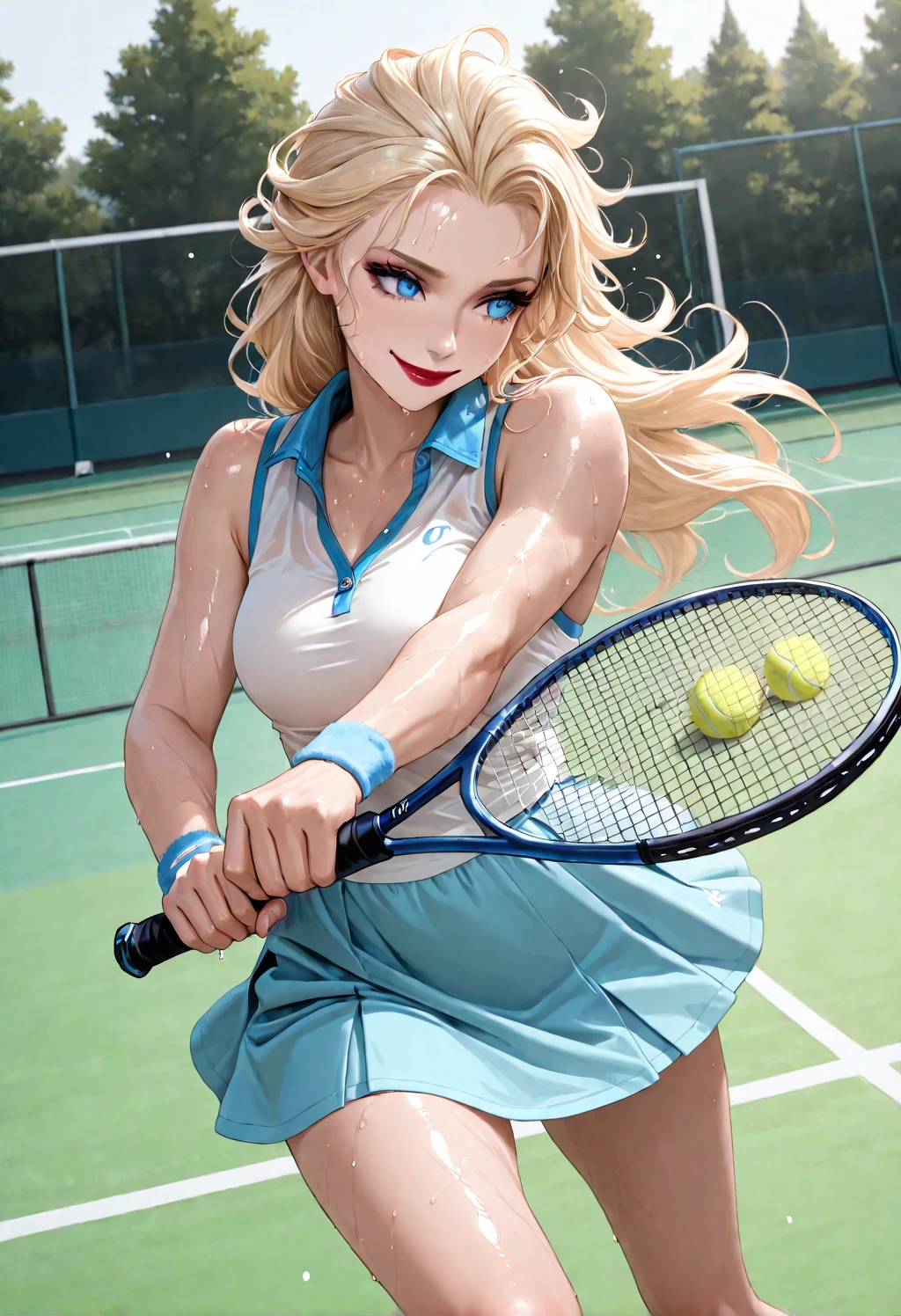 slim legs, happy, cleavage, short skirt, navel, blue eyes, tennis player, thigh high socks, stand, blonde hair, long hair, short skirt