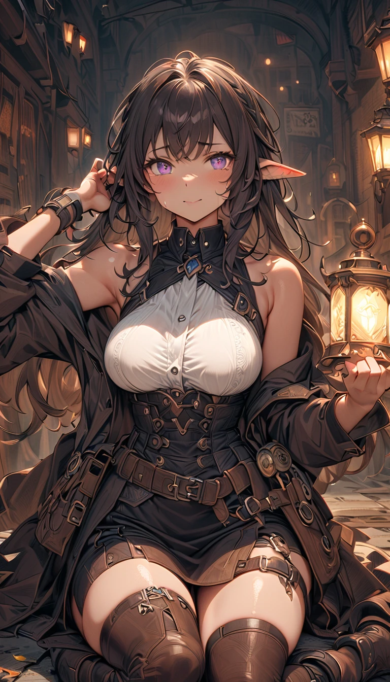 1goblin girl,green skin,goblin,pointy ears,black hair,colored skin,long hair,looking at viewer,solo,skirt,breasts,teeth, ((prominent prey)), window,navel,indoors,bare shoulders,sharp teeth,black skirt,miniskirt,large breasts,thick thighs,midriff,shiny,smile,bare arms,thighs,leaning forward,bangs,parted lips,yellow eyes, ((slit pupil)), bent over,stomach