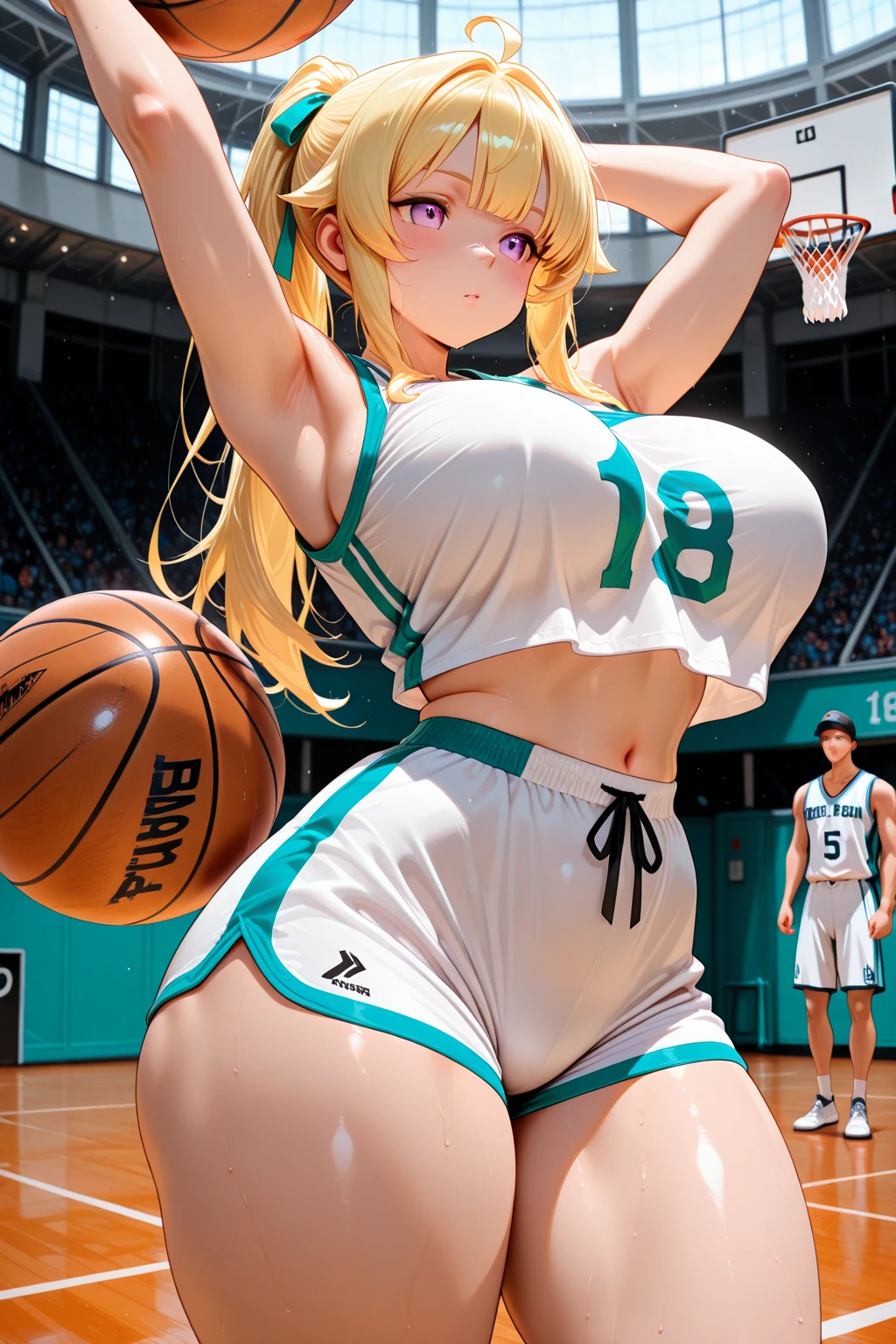 Muscular girl, long blonde hair, devil body, (huge and amazingly large breasts), (the action of tumming two basketballs into clothes), posing in action, (waist exposed)