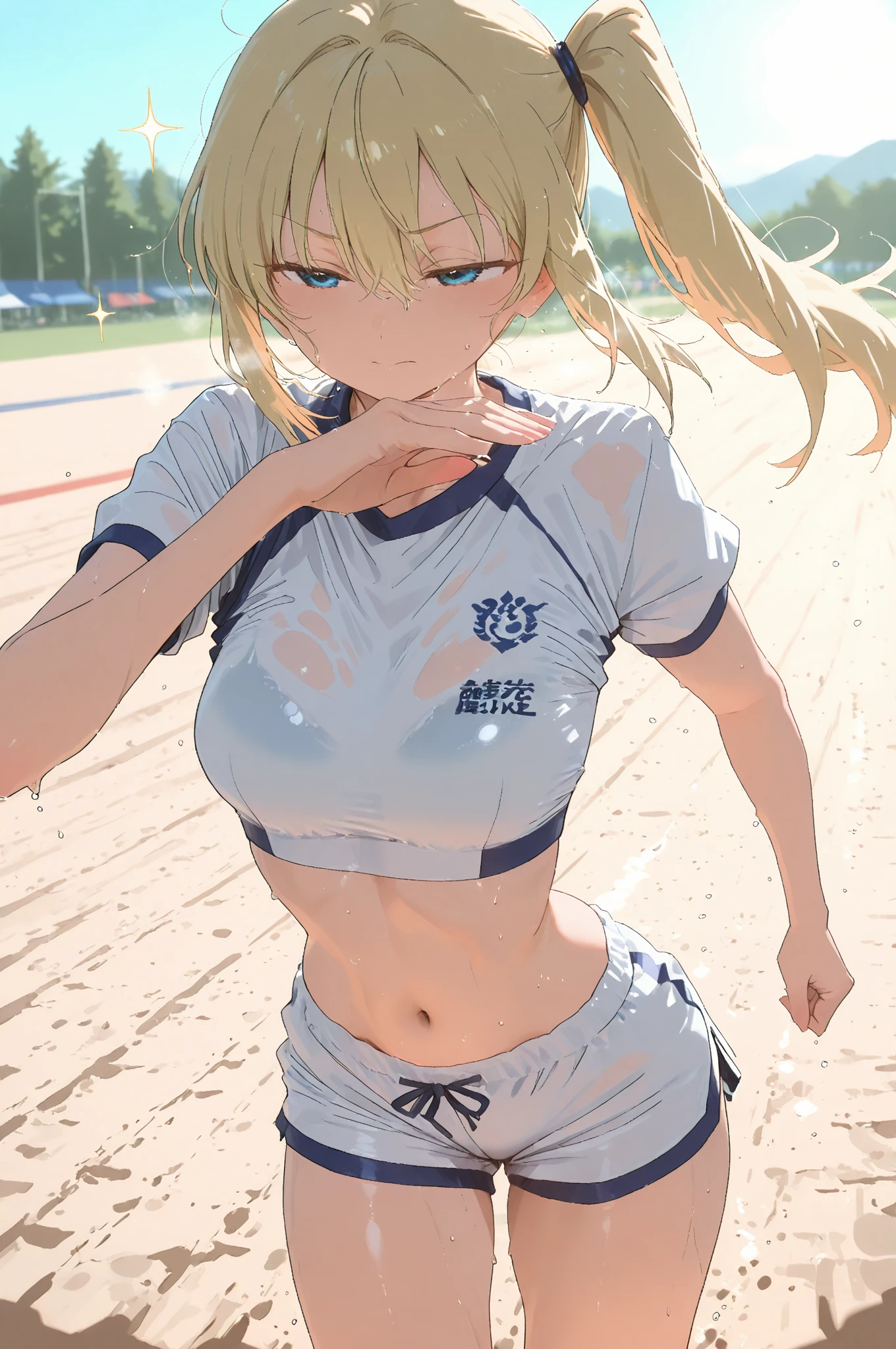 femele,1Child 0 years old,Golden head hair,sports wear,Sportsbra,shortpants,Side Up Ponytail,Blue eyes,through,Mansuji, are see-through,small tits,Leaking pee,The crotch is wet