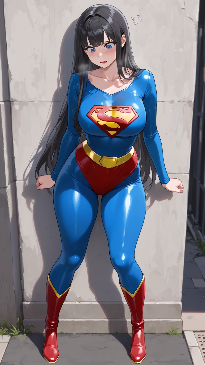 (masterpiece:1.4), (best quality), (detailed), (8k), (1girl, solo, sideways), (sidewalk), Clara Kent, superhero, bodysuit, short hair, red cape, blue eyes, wide hips, bending, bright dark blue costume.