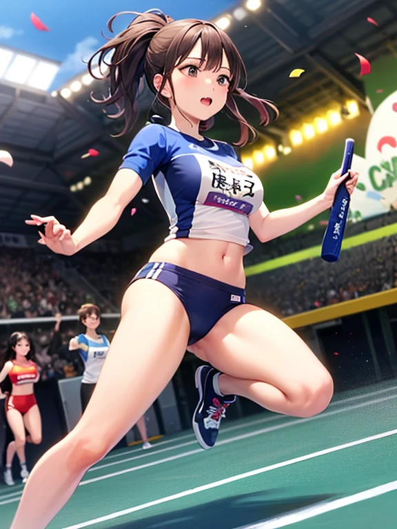 (super flat, flat shading), Honors Type, Really blushing, 17 years old, high school girl, wearing training bikini wear, cameltoe:1.5, ponytail brown hair, Glasses, sweaty healthy body, mesugaki smile, bare legs, ultra realistic, early morning, breeze, (standing), in crowded track and field,