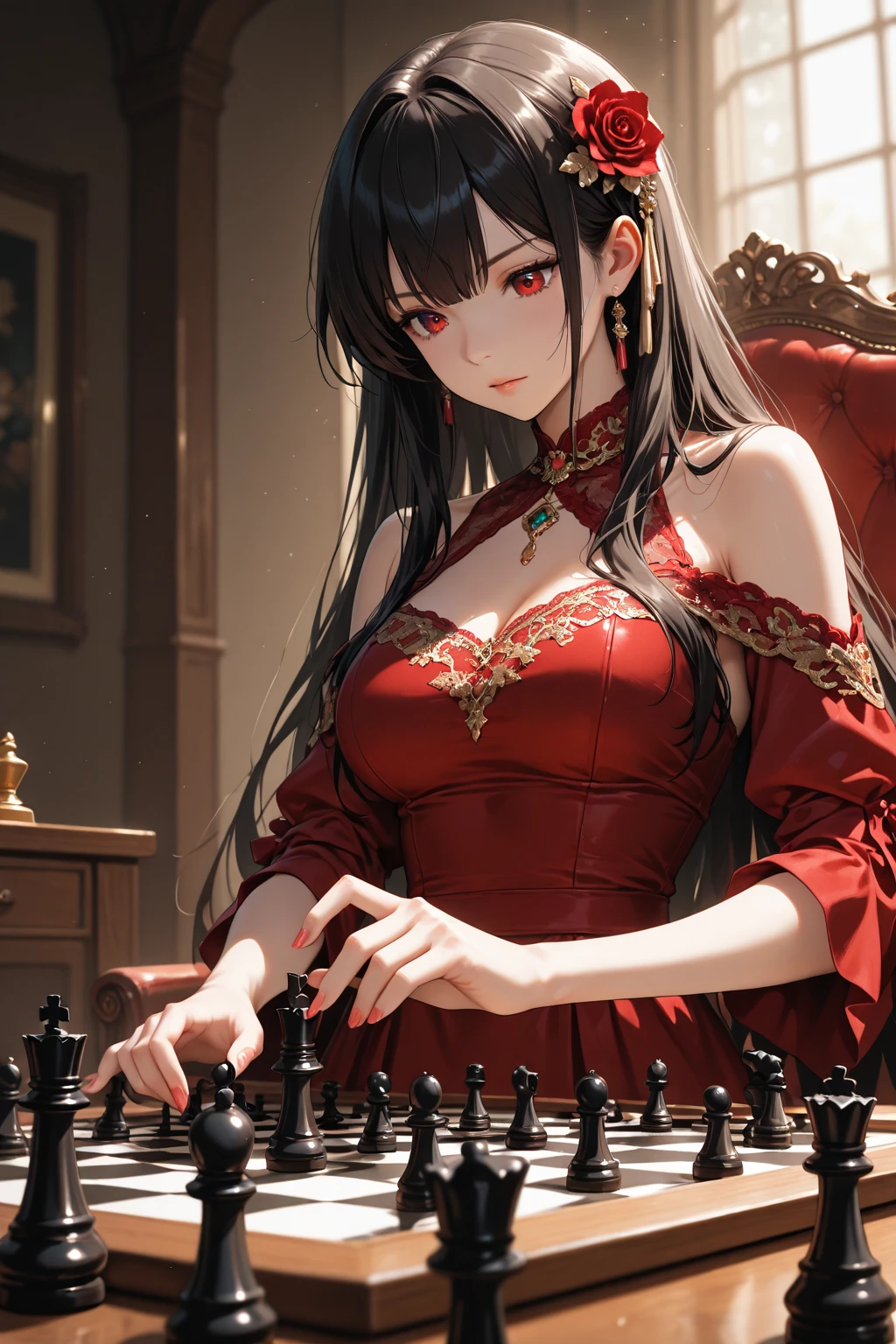 Woman in a red bikini playing chess with a chessboard, wlop and artgerm, extremely detailed artgerm, aly fell and artgerm, artgerm and wlop, artgerm. Anime illustration, fanart best artstation, model iG | ArtGerm, a beautiful empress of fantasy, like Artgerm, art of fantasy games, red bikini --auto --s2