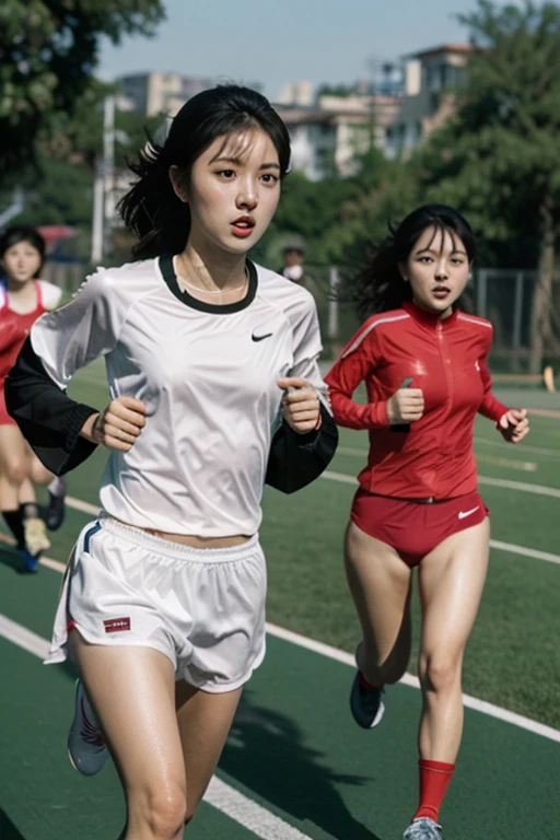 Big Breasts、Nipples、A group of 10 girls running side by side、(in 8K、Super A high resolution、Highest quality、masuter piece、RAW portrait of a Japanese-American mixed race girl、Super A high resolution、Highest quality:1.1) (Big Breasts、Quite large breasts、Cleavage:1.3)(High leg racing bloomers、running shoes、Track and field athlete:1.5)(Low - Angle、Driving in the truck lane、walk short distance、Running with her chest shaking a lot、Sprinting through the university's athletics field:1.4) BREAK(Natural skin texture、Detailed skin、Hyperrealism、Ultra Sharpness)、Intricate details、Depth of written boundary(masterpiece、Highest quality、High definition、PhotoReactive:1.1)、 happy smile、Pretty short black bob、Big eyes、Clear double eyelidsまぶた、Clear double eyelids、Small Face)(sight、Eye highlights、Light brown eyes、Lip gloss)
