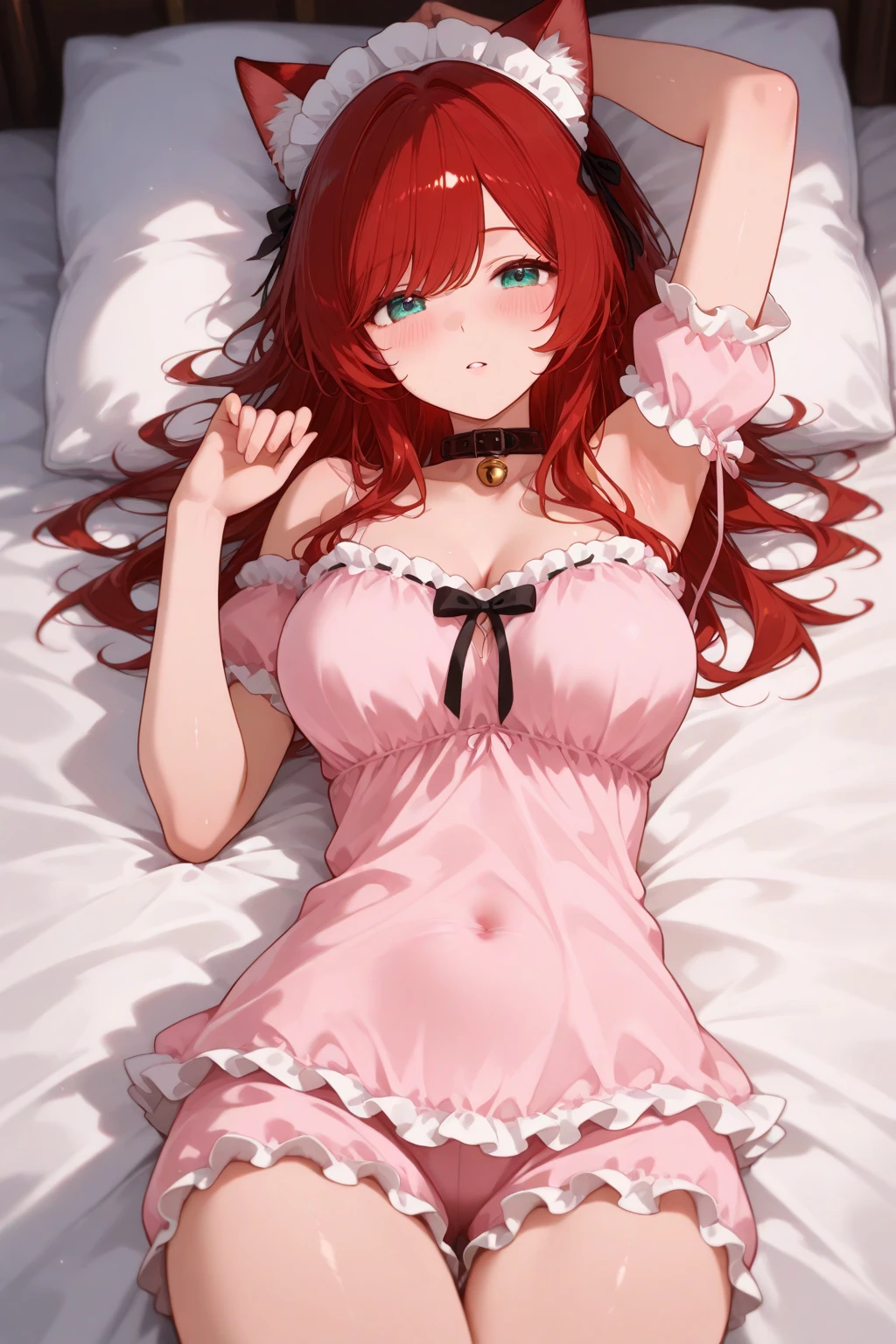 High quality, 1 girl, pink hair, , lilita, pink lingerie, red lips, high heels, stockings