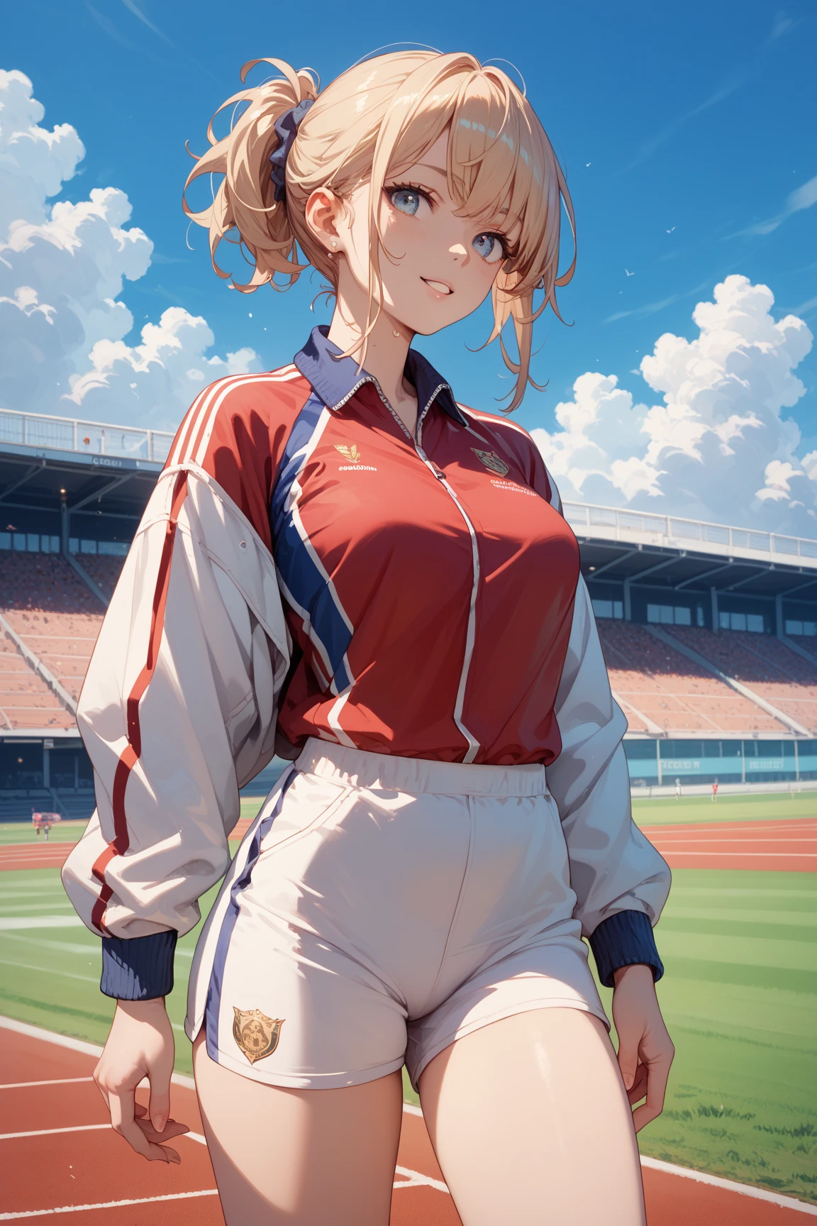 slender woman dressed in a track and field uniform is an athlete with a slight muscle。A tall、Standing at the starting line。