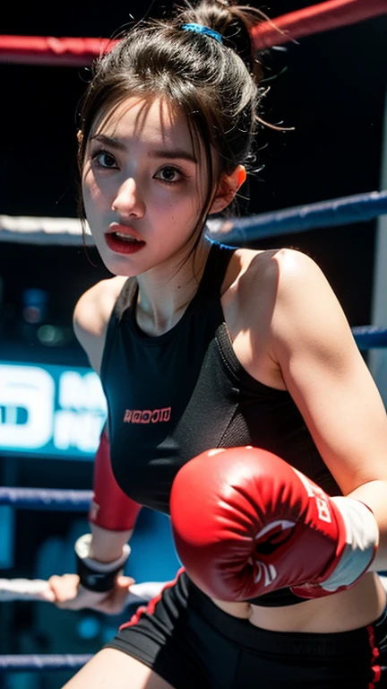 1 girl boxer stood on the ring, sweat dripping from her face. The intense battle filled the entire gymnasium with a oppressive atmosphere. The lights flickered on the arena, reflecting the sweat and strength on the boxer's body girl, (((1 girl))), looking the viewer