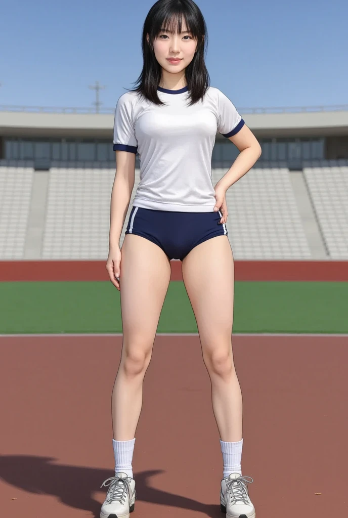 (8K, 超A high resolution, Best Quality, masutepiece:1.2),(18year old:1.2)、(Look away)、8K、RAW portrait of japanese girl、Photorealsitic、超A high resolution、top-quality、 (quite massive chest、big butts、Toned buttocks:1.2)(toru & Field Athlete、High Leg Racing Bloomers:1.35)、(Running on the high school field:1.2) BREAK (Natural Skin Texture、Detailed skin、Hyper-Realism、ultra sharpness)、intricate detailes、depth of fields、Show the armpits、(Long black hair ponytail、 Nike sneakers:1.1)(Drawing from the side、Sprint、Wave your arms:1.25)Run by waving your arms