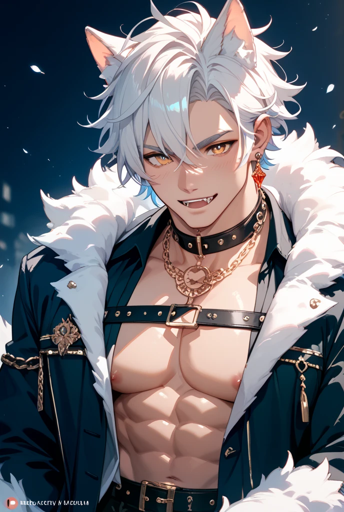 masterpiece, best quality, high quality, 1boy, solo, male focus, looking at viewer, upper body, yellow eyes, white hair, headband, spiked hair, hair between eyes, fur trim, ripped abs, wolf ear, sweating