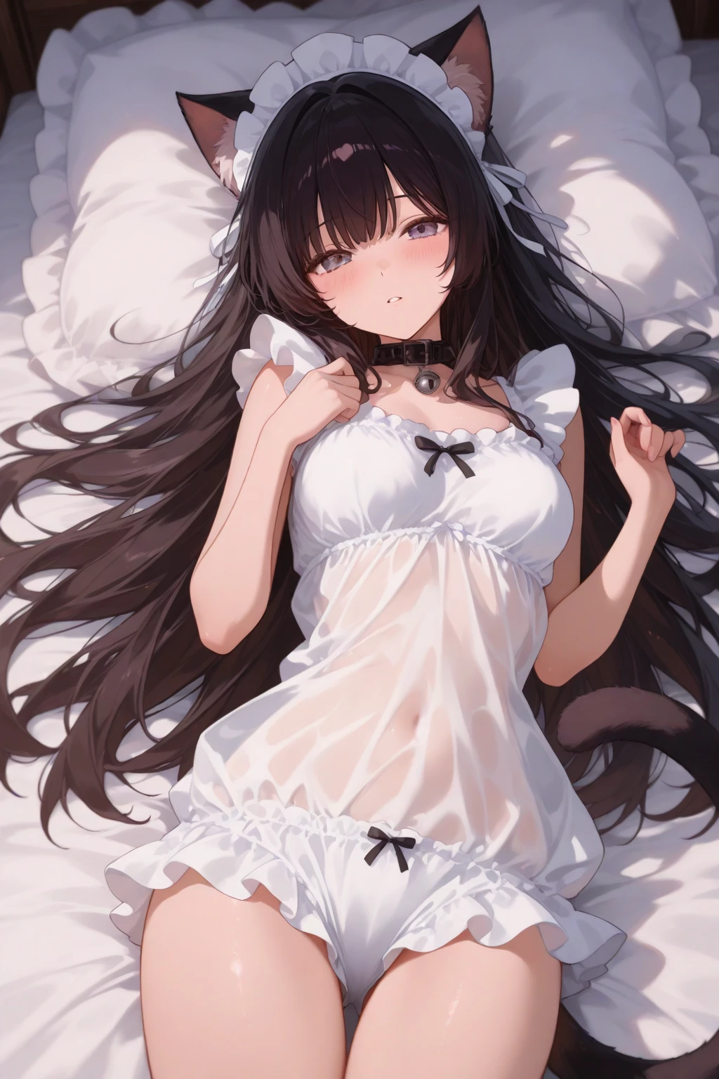 (soft nswf, cuddling and pampering viewer, (1 girl lying half naked under the bedcover), holding bedcover shyly:1.5), Nardack style lora, (gentle housewife, small girl, full body, depth of view, petite and short figure girl, cute and little girl, perfect woman, medium cleavage, mature aura:1.4), (masterpiece, best quality, HD Pictures, 4K:1.1), outdoor, very long hair, bangs, gentle look, gentle smile, gentle eyes, mature looking, pinkish cheeks, very detailed eyes, very detailed pupils, very detailed ridiculously long black hair, detailed face, detailed ruby red eyes, full body, look up to viewer, detailed long black hair, (happy gentle face, warm smile, blushing red cheeks:1.3)