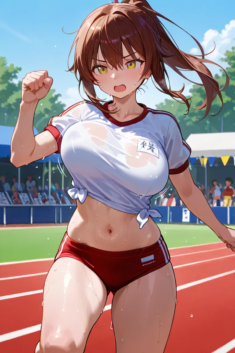 ((One girl)), masterpiece,Highest quality,High resolution、17 years old、cute、Sweat、Gym suit、Round Neck Shirt、No sleeve、Tight fit、Sportswear、smile、Big perfect breasts、Outdoor, trained muscles живота, trained muscles