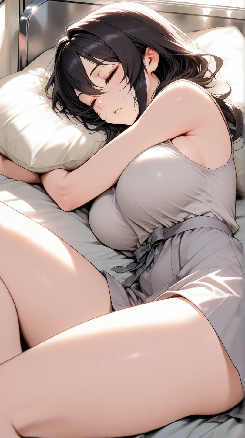 ((highest quality)),(ultra high resolution),(Super detailed),(detailed description),((best CG)),(best work of art),super precision art, great drawing art,(Art with precise details:1.5), (sleeveless sports bra with opaque waist high plain style pantyhose under crotchless panties 1 woman:1.5), beautiful and well-shaped face:1.5,(Beautiful skin with precise and detailed depiction:1.6),(:1.5),provocative angle:1.6,gorgeous, beautiful young teenage girl, 13 years old, lightly tanned white skin, short shoulder length hair, sleek dark violet-black hair, Pixie cut hair, big round velvet colored eyes, fringe bangs over forehead, oval shaped face, sharp facial features, high-bridged nose, full cherry pink lips. medium height(172cm). D-cup breasts, small narrow waist. small delicate curvy hips, smooth silky thick thighs, large round ass, hourglass figure, slim yet plump thick build, standing upright, full body picture, hip-level shot. classy and opulent bedroom setting, back view