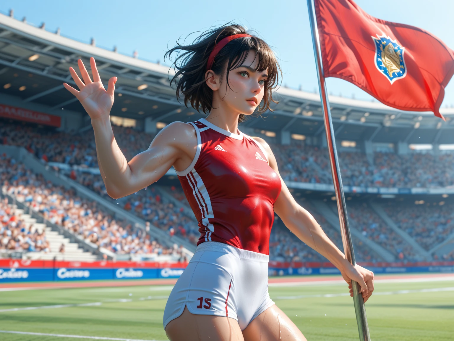 (Sexy),Tatsumaki, a race at the Olympic games, floating towards the finish line, midriff, Olympic games, detailed background, Realistic, Movie Still, best quality, masterpiece, very sexy aesthetic, lovely hair, perfect composition, intricate details, ultra-detailed,