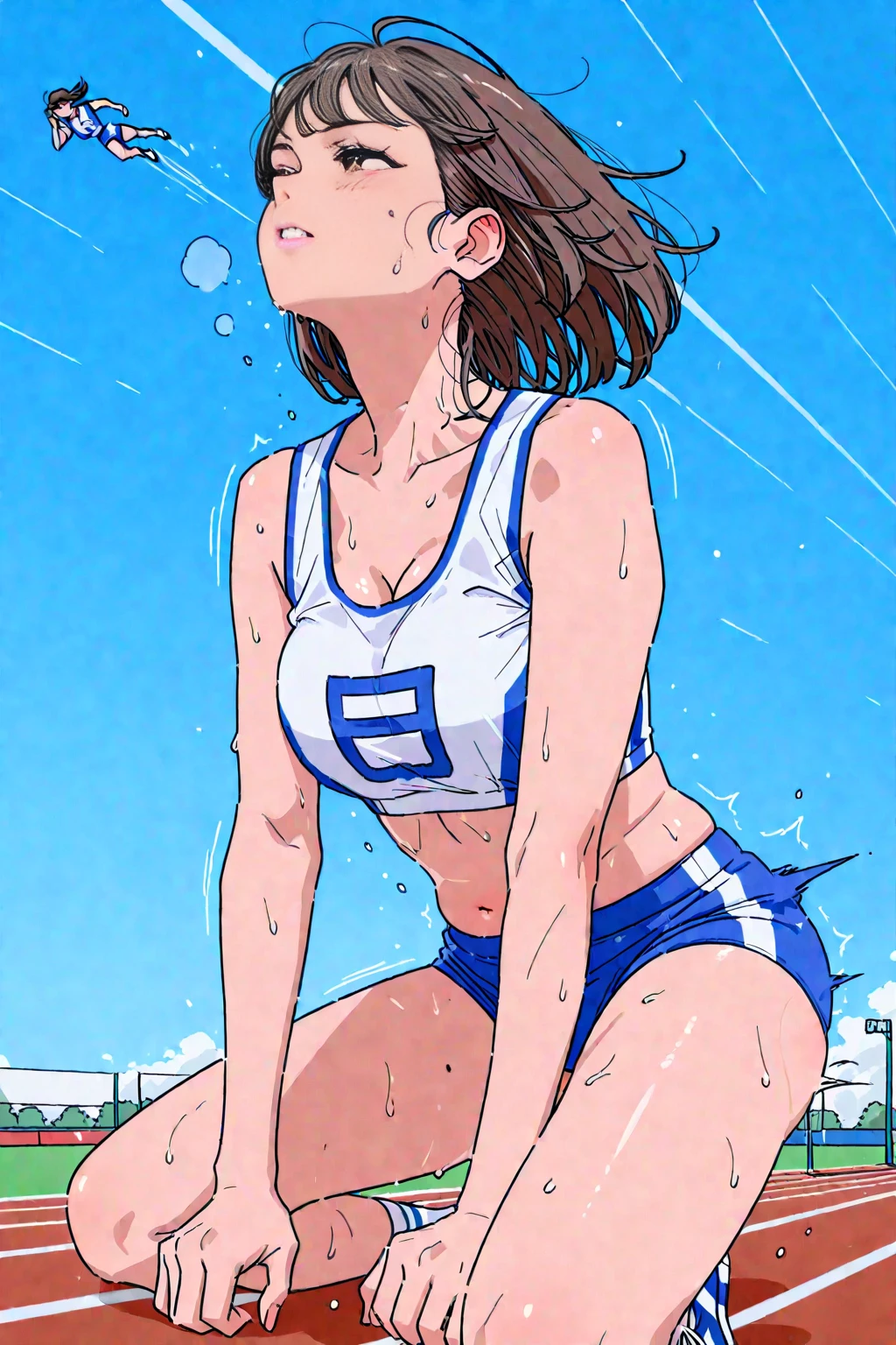 Emphasis on the crotch。Disdainful eyes and angry expressions (Glamorous photo of a dedicated female swimmer,Wearing a white race swimsuit,Squat with your legs apart,Soaked crotch,There is fluid in the crotch),(Strong expression and commitment to excellence:1.2), Inspired by fierce competition,(((milf))