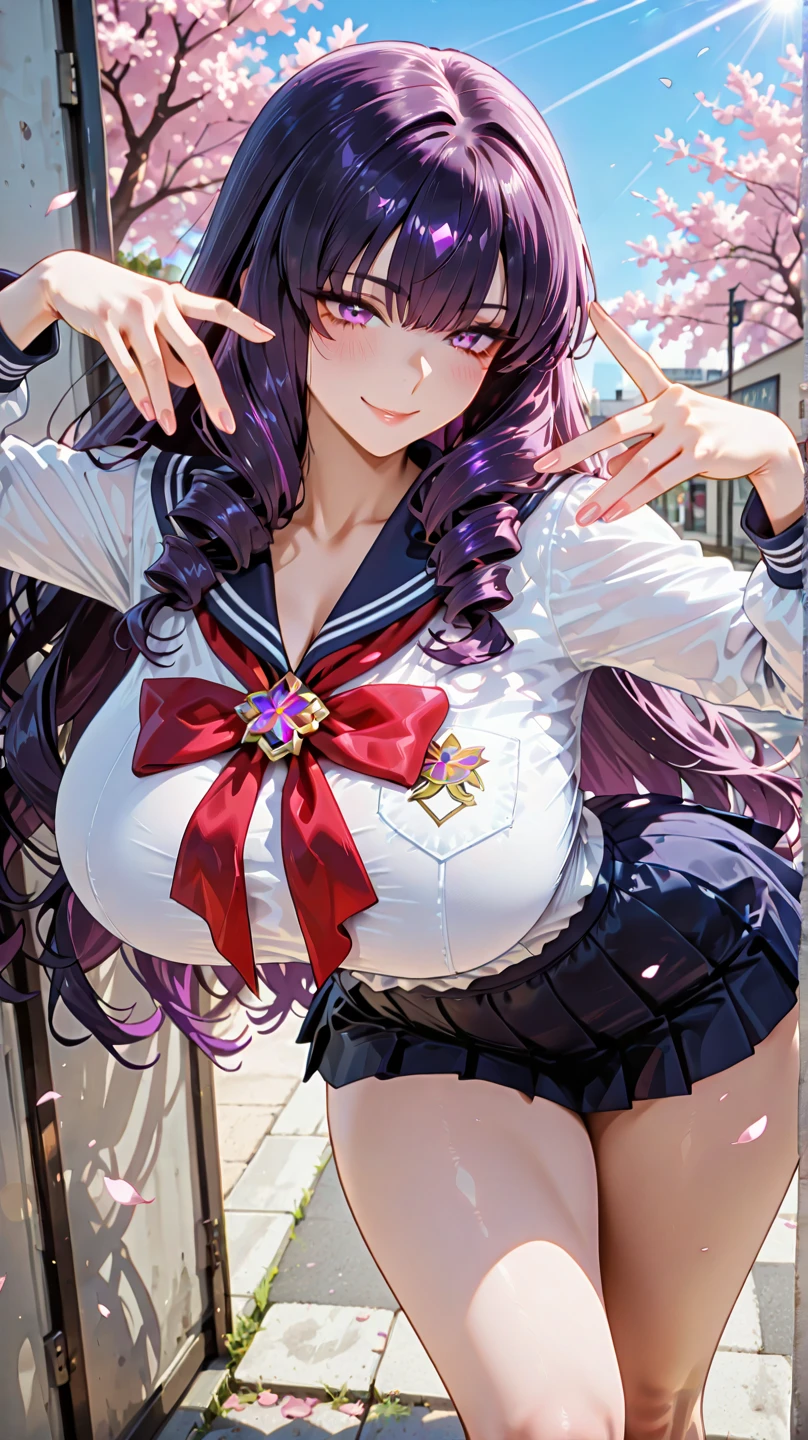 1girl,best quality, masterpiece, high resolution, solo, HD resolution, best quality, good quality, {matou_sakura_fatestaynightufotable:1.15}, purple_hair, long_hair, ribbon, hair_ribbon, purple_eyes, 1 girl, short purple skirt, skirt, purple miniskirt, pretty thighs , white bra, pretty white bra, short bra, big breasts, long_hair, empty_eyes, sea, sand, beach, showing underwear, upskirt