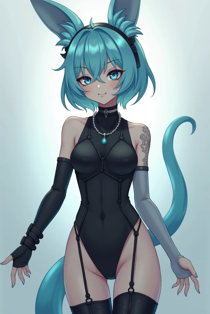 Adult girl, short black hair, turquoise eyes, cat ears and tail, black rich beautiful dress, open shoulders, serious look, masterpiece, high quality