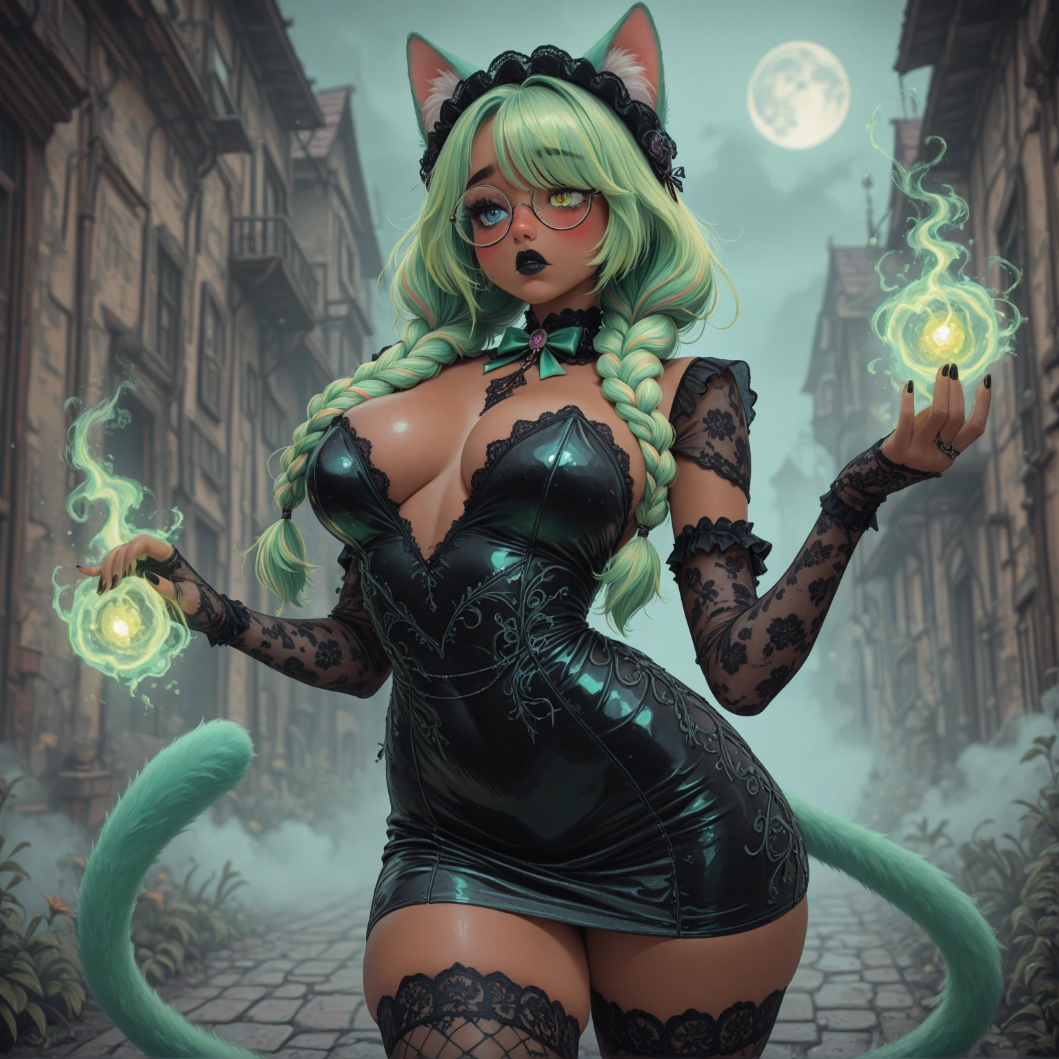 Fiore Brunelli, argyle, checkered, clothing cutout, drill hair, gloves, green hair, hat, long hair, microskirt, revealing clothes, ringlets, tail, thighhighs, twin drills, witch hat, thigh boots, high heel boots, <lora:Fiore_Brunelli-06:1>,night sky, outdoors,