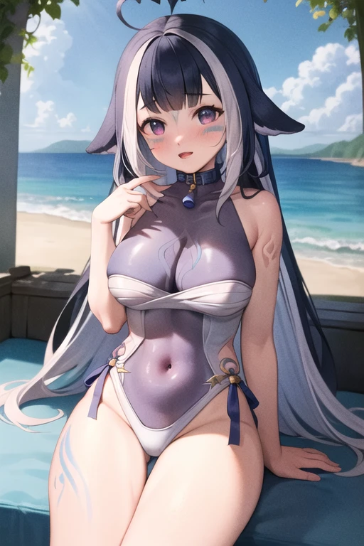 (masterpiece), (ultra-detailed), best quality, 8k, 1girl, solo, outdoors, beach, ocean, shylilybikini, :3, large breasts, cleavage, shirt, bikini, thigh strap, navel, halterneck, criss-cross halter, facial mark, tattoo, cetacean tail, sitting, thighs, open mouth, fangs, tongue out, tongue, bare arms, arms behind back, heart ahoge,