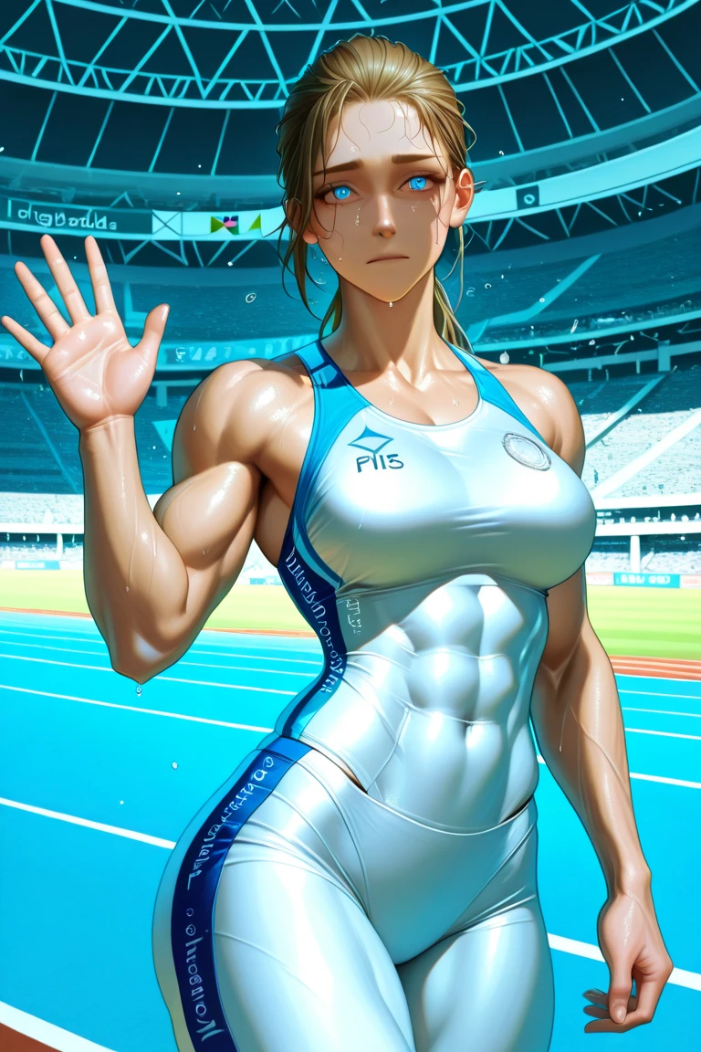 masterpiece, Highest quality, High resolution, One Girl, Hamriz, ponytail, Brown eyes,big ,Competitive swimming suits、Cowboy Shot、Muscular body、blush、Sweat、Composition from the front、アニメ、(((Competitive swimming suits、Stand in front、audience、Shaking breasts、 fully exposed、Facing forward)))、((Wrestling Arena)), (Female wrestler), (Slender body, Sweat, tired), Mature Woman, Mature Woman, (Competitive swimming suits、Very detailed wrestling equipment) 