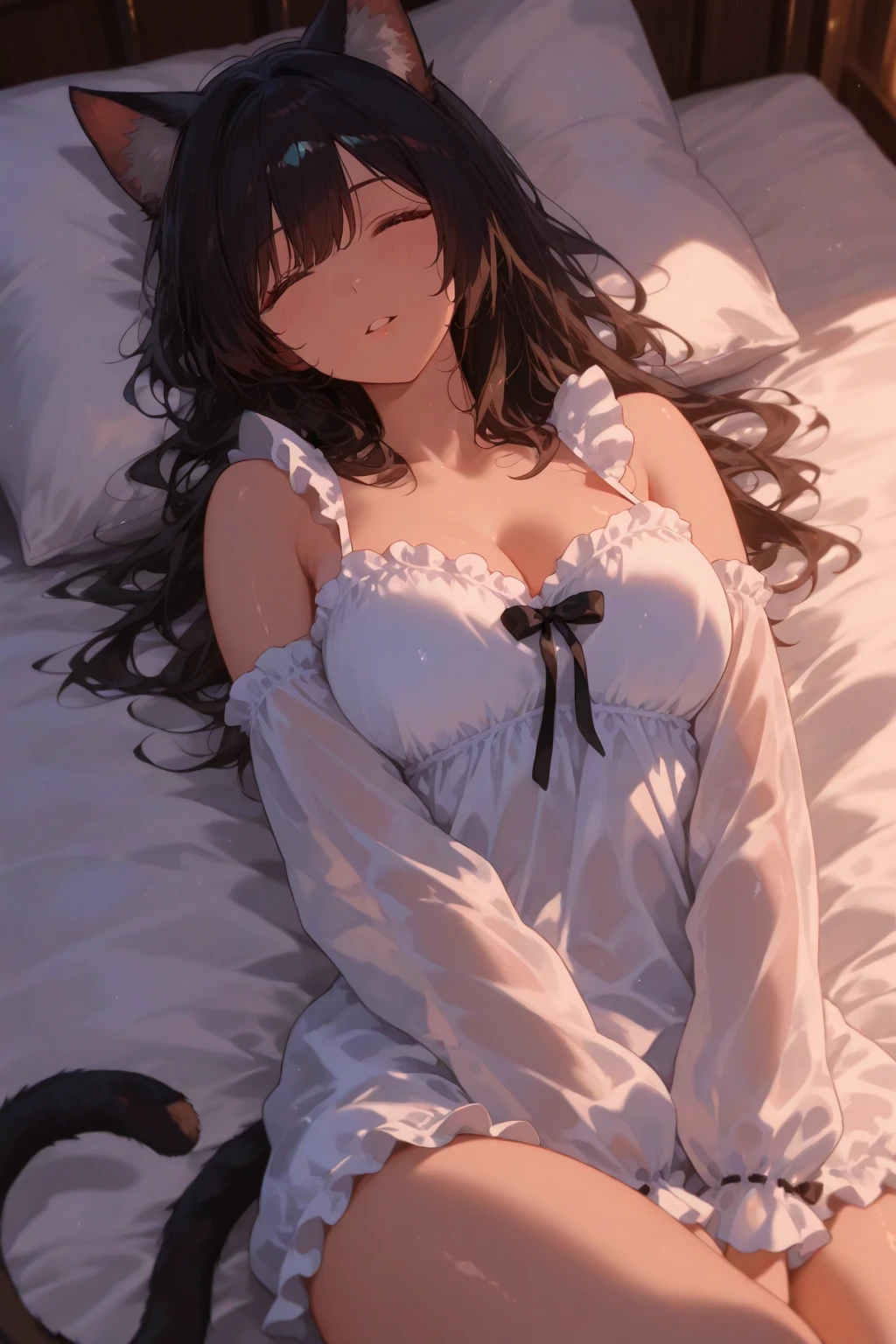 ((highest quality)),(ultra high resolution),(Super detailed),(detailed description),((best CG)),(best work of art),super precision art,great drawing art,(Art with precise details:1.5), Portrait:1.6,bust shot:1.4,(1 woman:1.5),beautiful and well-shaped face:1.5,(Dress with flowers on the chest:1.5)、best quality, Japanese、girl,Slender、small face、tall、 highres,black hair、long hair、Hotel、black lace bra、black panties、17 years old、lying in bed、clear