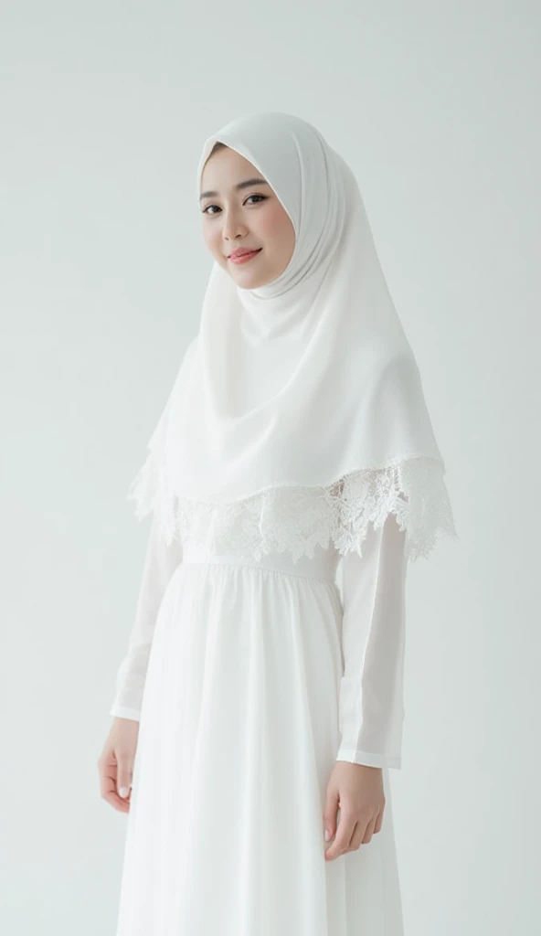 20 years Old, Long hijab Korean mature woman, Big : 66.9, long white patern gamis, big breast: 1.9, at doctor office, Dim light, at photo studio