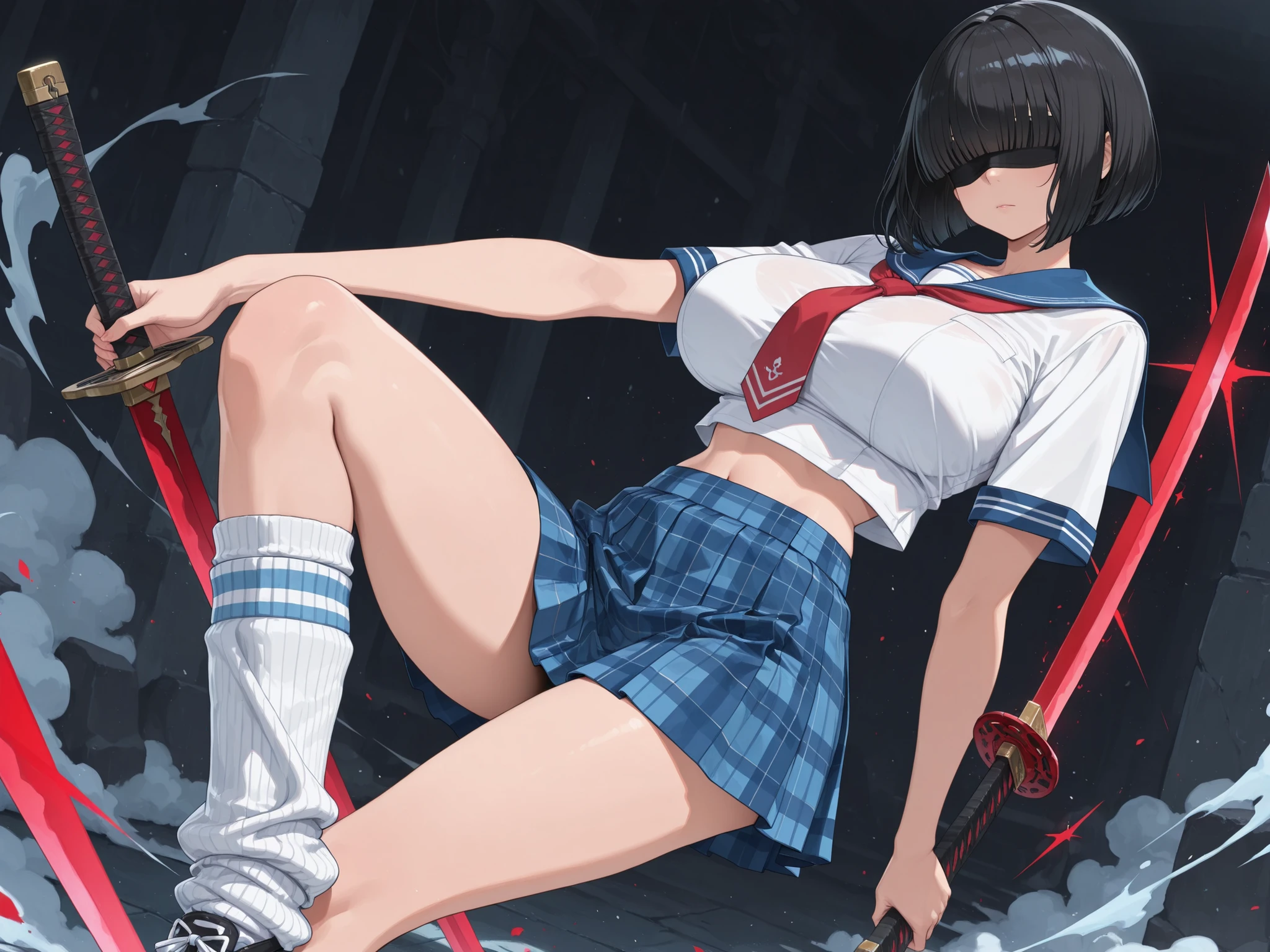 (big breasts, short bob haircut, blunt bangs, hair covered eyes, black hair, midriff), (white shirt, blue sailor collar, red tie, blue plaid skirt, short skirt, knee high socks, loose socks), (sword,. holding weapon)