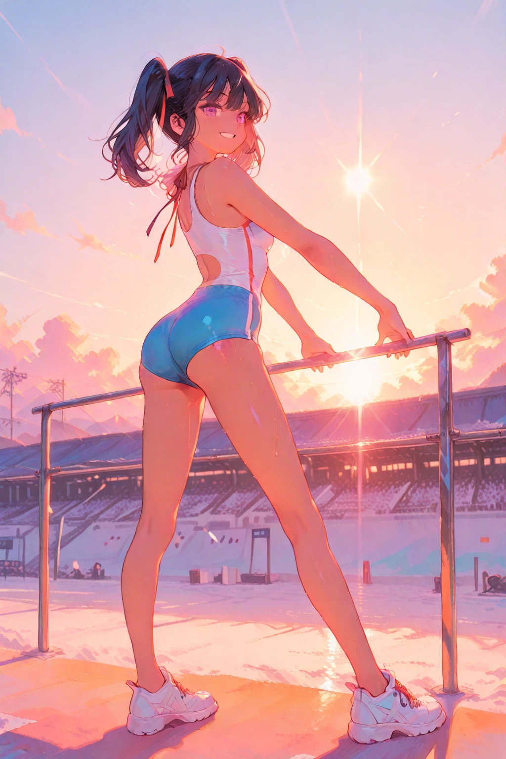 masterpiece, adult woman, sweat, soaked, orange hair, short hair, brown eyes, best quality, hi-res, solo, short hair,look at the viewer, evil smile, evil smile, ass facing you, running action and elegance, red gymnastics shorts, red hot pants, wet pants, white running shirt, wet shirt, sleeveless, big, park, outdoor