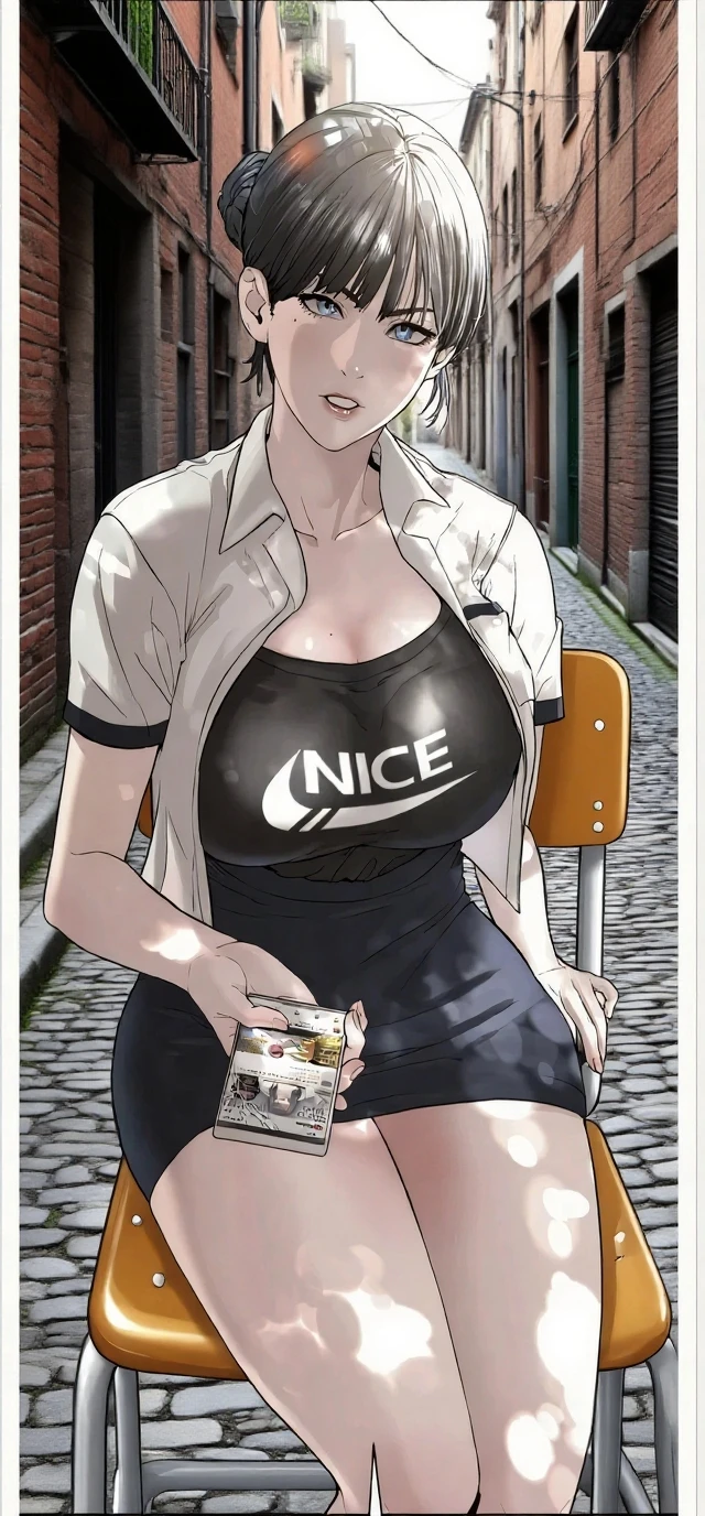 Hucow girl holding a big milk carton, masterpiece, candid photo, shy, short brown hair, big eyes, (detailed face), curvy, gigantic enormous breasts, two symmetrical horns, white (tight shirt), crop top, cute open (cow pattern) jacket, choker with bell, (in a colorful supermarket), mature female, thick thighs, earrings, high detail, ultra-detailed, retro, [big lipaster piece, best quality, face portrait