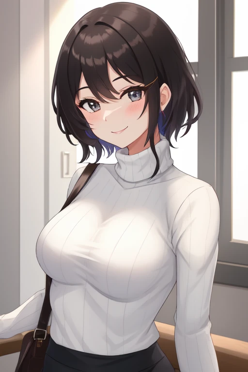 1girl, breasts, solo, underboob, underwear, panties, sweater, large_breasts, navel, black_panties, white_sweater, crop_top, highleg, turtleneck_sweater, highleg_panties, brown_hair, turtleneck, short_hair, cropped_sweater, thigh_gap, looking_at_viewer, thighs, blue_eyes, blurry_background, lips, long_sleeves, cowboy_shot, blurry, standing, midriff, no_bra, grey_eyes,