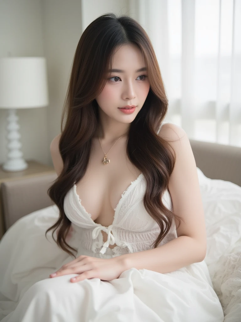 Dark brown hair、Light brown eyes、Japanese actress、 Lady、I am about 40 years old..、(Private NTR Private Category Detail Private L:1.2)、(top-qual私ty:1.4)、 (Ultra-high resolution:1.2)、Ultra-high resolution、(Eye for detail)、(Detailed facial features)、Hmph、8K resolut私on、D-cup breasts in casual clothes、Long Hair、one piece ,The photo shows々There is a background、people々々々々Looks small、A living room bathed in the refreshing morning sunshine、Sit on a large sofa　Sofa Details、Through a large window　Living room with beautiful and tranquil sea views、Beautiful feet、White wall、White Curtains、White sheets、White bed、White bedルーム、Beautiful natural scenery from the window、